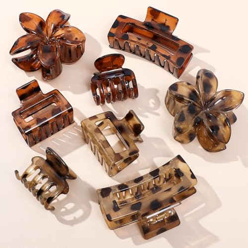8 Pcs Neutral Matte Hair Claw Clips Set, Strong Hold Non-Slip Jaw Clips for Women Girls, Rectangle & Flower Design Hair Clips for Thick/Thin Hair, Daily & Styling Accessories(Leopard) - color: Leopard