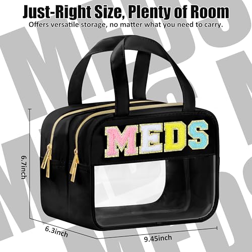 BuyCard Chenille Letter Clear Medicine Makeup Bag for Travel, Preppy Patch Nylon Cosmetic Meds Pouch with Handles and Zipper, Waterproof Large Travel Toiletry Bag Storage Case for Women Black - color: Black-MEDS