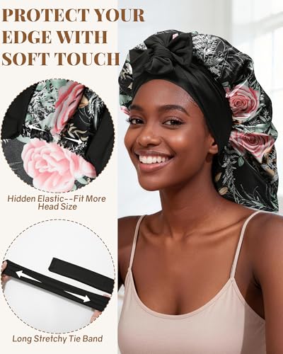 AWAYTR Long Satin Bonnet for Braids - Elastic Silk Hair Bonnets for Sleeping Night Cap Stretchy Tie Band for Women（Flower B） - color: Flower B