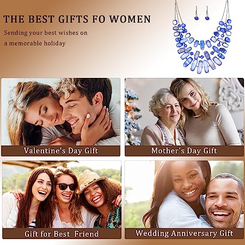 3 Layered Chunky Statement Necklace for Women Beaded Strand Necklaces with Earring Fashion Costumes Collar Necklace Jewelry Sets Gifts for Women - color: 50-Sapphire