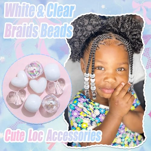 60PCS White Clear Heart Hair Beads for Braids Loc Dreadlock AB Color Round Bead Accessories Cute Acrylic Pony Beads Valentine's Day Decor for Kids Girls - color: White&Clear