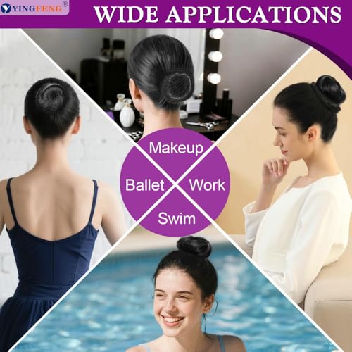 YINGFENG 134 Pcs Black Hair Bun Maker Kit Medium - 4 Bun Hair Pieces for Women, 20 Hair Net for Buns, 100 Bobby Pins for Women, 10 Hair Bands, for Ballet Styling, Hair Accessories for Girls - color: black, size: Medium