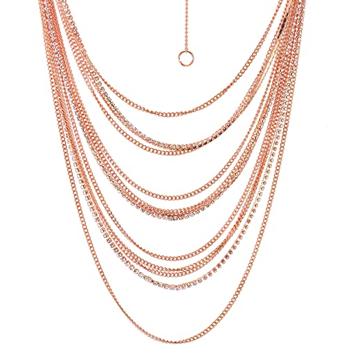 Waterfall Multi-Strand Chains Statement Collar Necklace with Rhinestones Chains, Dress - color: J-Metal Color: 18K Rose-Gold-Plated