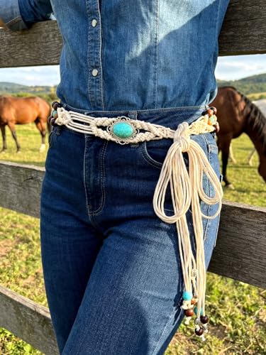 Fstrend Women's Woven Waist Belt Chain,Turquoise Braided Belts with Wooden Beads,Adjustable Belly Accessory for Dress (D) - color: A