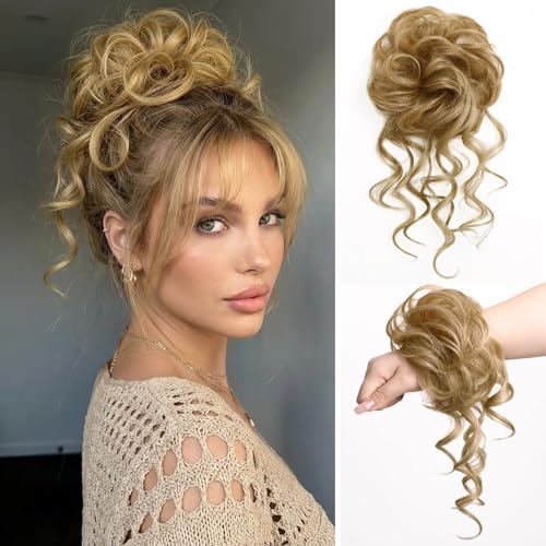 Real Human Hair Messy Bun Piece for Women Messy Buns Extension Scrunchie Updo Chignon Fullness Bun Extensions for Thin Hair Lightweight Daily Updos Hairpiece with Tendrils Golden Blonde - color: Golden Blonde