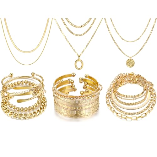 FAXHION 68 Pcs Gold Jewelry Set for Women with 7 Necklace, 17 Bracelet, 5 Hoop Earrings, 15 Stud Earrings, 24 Knuckle Rings for Women Jewelry Set for Women Gift - color: gold jewelry pack