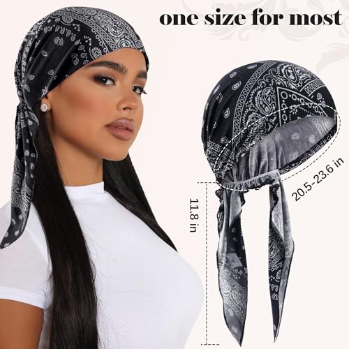 Ababalaya Chemo Headwear for Women Softer Headcover with Longer Tails, Breathable Skull Cap Non-Slip Sleep Beanie - color: Blackpaisley