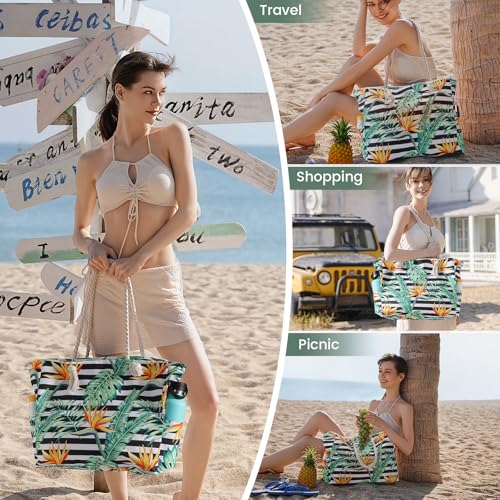 Clothirily Beach Bag for Women - Large Beach Tote Bag, Waterproof Sandproof Beach Bag with Zipper, Large Swim Pool Beach Tote - color: Leaf Stripe