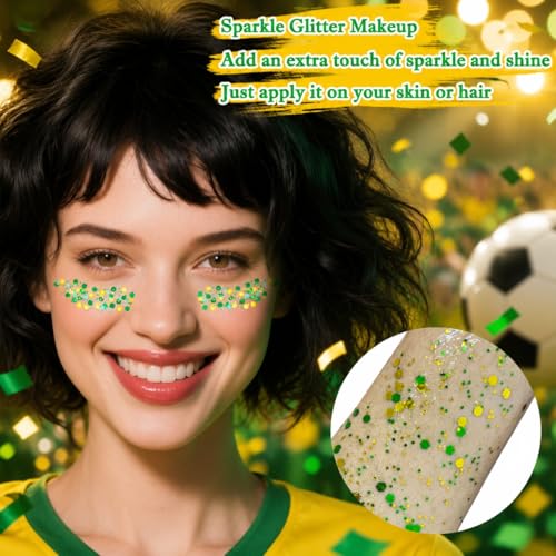 MEICOLY Green and Yellow Hair Glitter,Brazil Body Glitter,Gold Green Hair Sparkle Brasil Face Glitter Makeup for Mardi Gras Carnival Irish Festival Party,Body Glitter Accessories for Women - color: gold and green face glitter