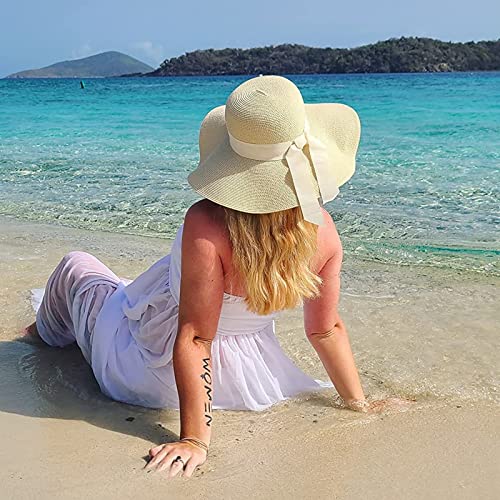 FURTALK Womens Sun Straw Hat Wide Brim UPF 80 Summer Hat Foldable Packable Floppy Beach Hats for Women - color: Beige With Beige Band, size: Medium-Large