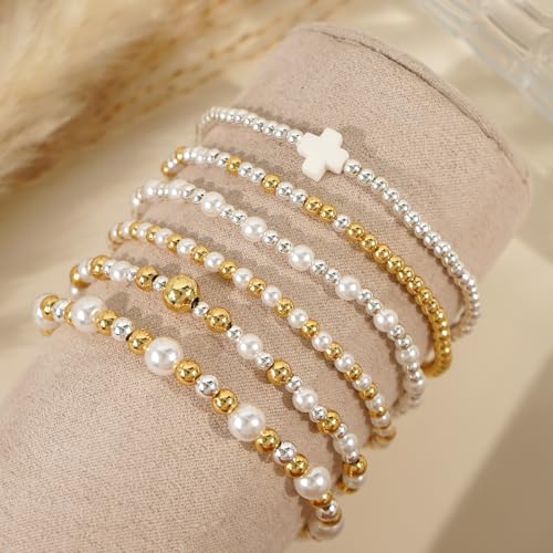 Silver Gold Beaded Bracelets for Women Stackable 14K Gold Plated Beads Ball Cross Bracelet Stack Non Tarnish Elastic Stretch Trendy Jewelry Christian Friendship Christmas Gifts for Women - color: 6pcs-Pearl