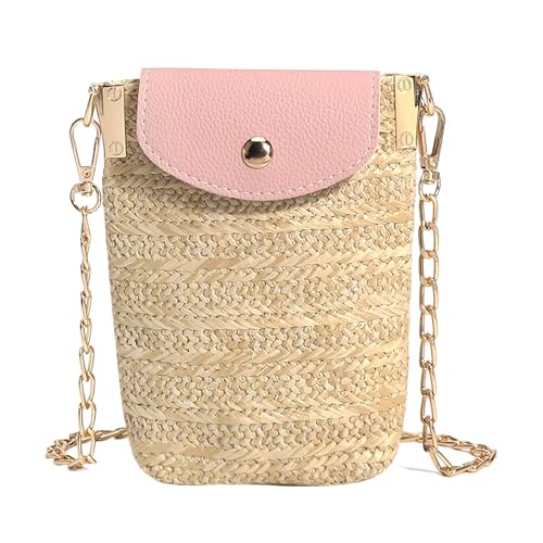 Long Keeper Small Straw Crossbody Phone Purse for Women Mini Faux Straw Summer Crossbody Boho Shoulder Bag for Beach Holiday - color: Pink