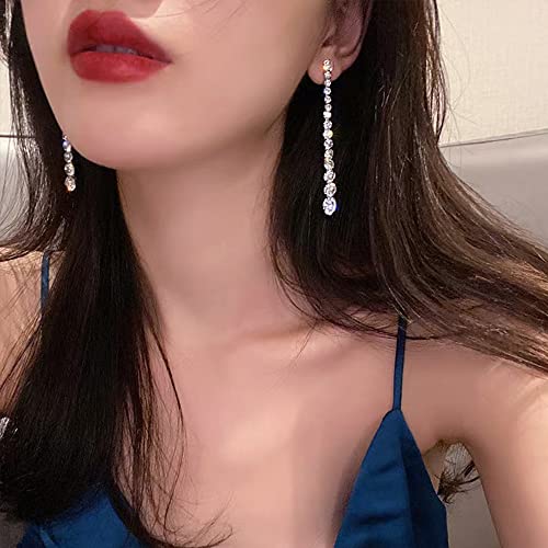 Long CZ Statement Drop Dangle Earrings for Women 925 Sterling Silver Post Pin Fashion Fringe Round Crystal Dangling Stud Elegant Christmas Wedding Birthday Party Jewelry