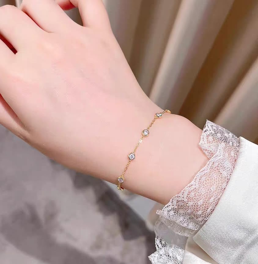 Cubic Zirconia Station Bracelet for Women, 14K Gold Plated or 925 Sterling Silver, Dainty Adjustable Chain, Stackable Minimalist Jewelry - color: Yellow Gold