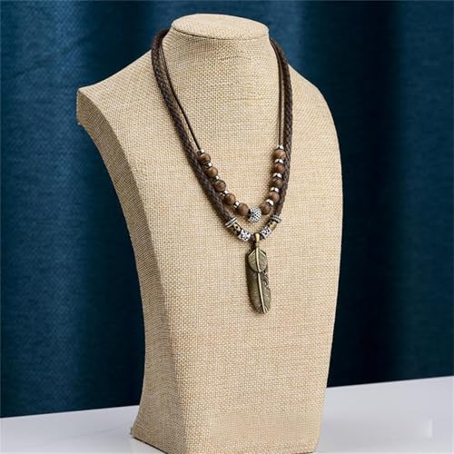 Boho Braided Rope Necklace for Women Vintage Butterfly Feather Adjustable Wooden Beads Layered Necklace Bohemian Wolf Tooth Totem Tribal Ethnic Style Jewelry - style: Feather