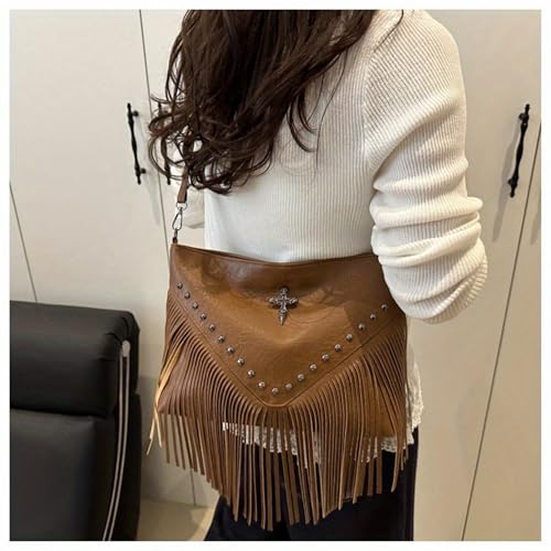 1PC Women's Fringe Rivet Crossbody Bag - Adjustable Strap Deep Brown Edgy Bag