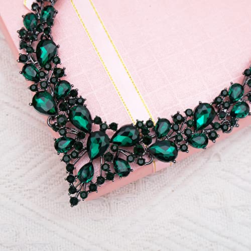 CSY 4 Pcs/Set Austrian Crystal Necklace Earrings Bracelet Ring Bridal Jewelry Sets for Brides Wedding Party Costume Accessories Gifts for Women - color: emerald--black tone