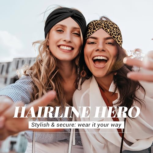 Headbands for Women's Hair, Wide Hair bands – 4 Pcs Vintage Turban Elastic Soft Head Wraps Knotted for Yoga & Workout – Summer Cute Fashion Hair Accessories（ Leopard ） - color: Black