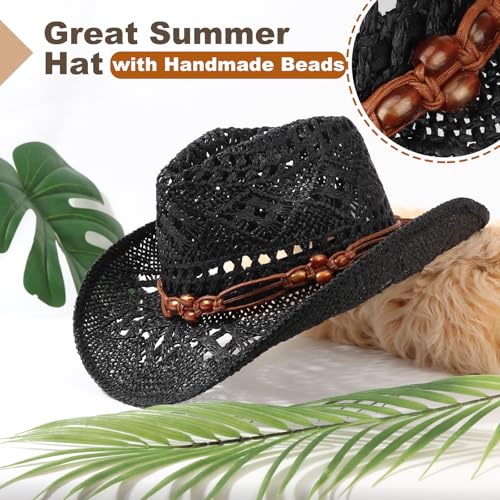 AQOKKA Straw Cowboy Hats for Women Men Western Cowgirl Hats with Shapeable Brim Woven Hollow Out Unisex Beach Roll Up Caps - color: Brown Beads Cowboy Hat : Black