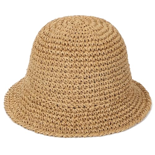 Womens Sun Hat Handmade Straw Bucket UV Protection Travel Summer Beach Cap - color: Khaki