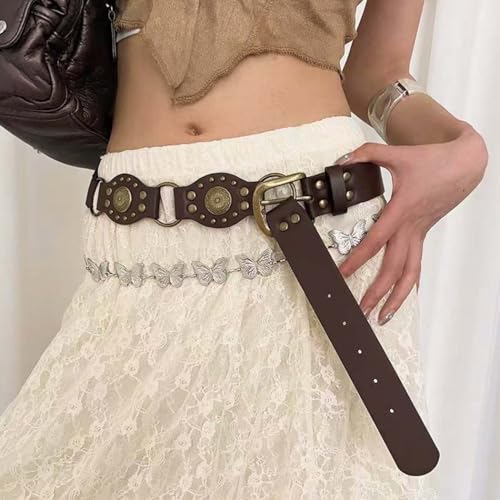 Western Belt for Women Boho Leather Belts Brown Vintage Waist Belt Cowgirl Belts for Dress