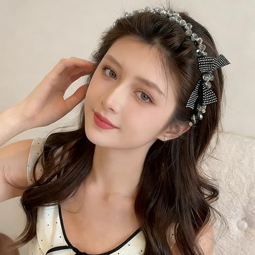 Black Crystal Bow Headband with Teeth for Women, Non-Slip Rhinestone Comb Hairband, Sparkly Studded Bowknot Hard Head Band, Elegant Cute Hair Accessories for Thick Hair - color: Sparkly Rhinestone