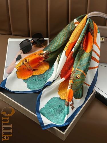 Silky Scarf for Women Lightweight Satin Bandanas Neck Hair Wrap For Sleeping Head Scarves 27.5" - color: A1 Blue Golden Ginkgo/27.5"