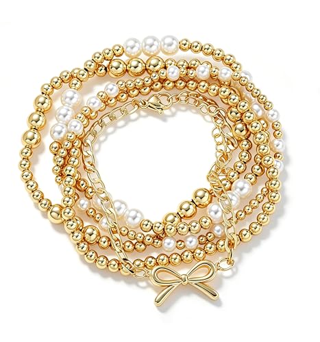 Gold Beaded Bracelets for Women, 14K Real Gold Plated Jewelry for Women Dainty Pearl Bead Bracelets Stack, Non Tarnish Trendy Stackable Ball Cross Stretch Bracelet Set Fashion Accessories Gifts - color: Gold bead & Bow chain