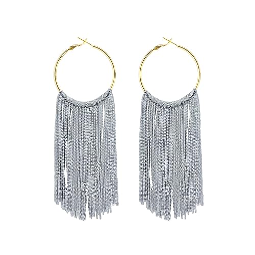 Boho Long Tassel Dangle Earrings for Women Lightweight Circle Hoop Silky Thread Fringe Drop Statemen Earrings - color: grey