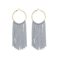 Boho Long Tassel Dangle Earrings for Women Lightweight Circle Hoop Silky Thread Fringe Drop Statemen Earrings - color: grey