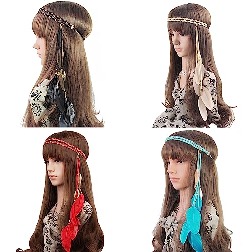 WLBON Halloween Boho Feather Headband Hippie Indian Leaf Hair Hoops Bands Tassel Bohemian Headpiece Hairband Women Xmas Wedding Festival Masquerade Cosplay Dress Up Birthday Party Accessories Colorful - color: Colorful Tone
