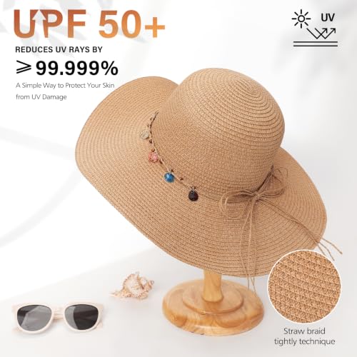 Sun Hats for Women, Straw Hats UPF 50+ Sun Protection, Wide Brim Womens Beach Hat for Summer Travel - color: Khaki - Shell