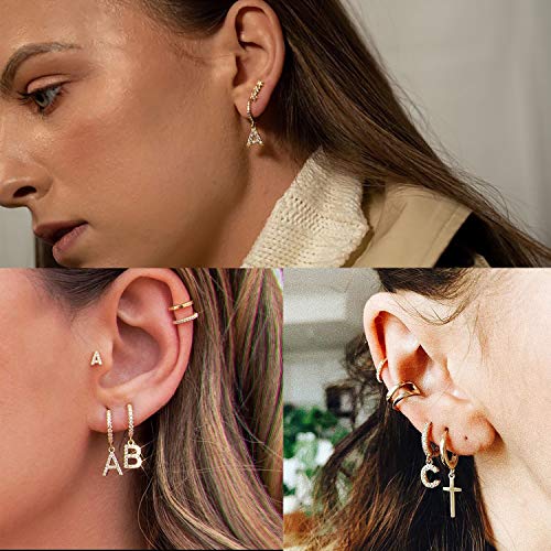 14K Gold Plated Cubic Zirconia Initial Earrings Delicate Small Hoop Earrings Hypoallergenic Letter Earrings for Women - style: F