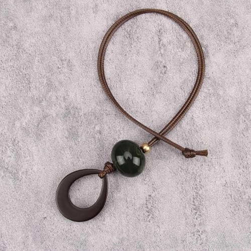 Kelake Leather Necklace for Women Men Teen Vinatge Boho Alloy Pendant Choker Jewelry Fashion Sweater Necklaces with Adjustable Genuine Leather Chain - color: Jade Bead Teardrop Wood Pendant
