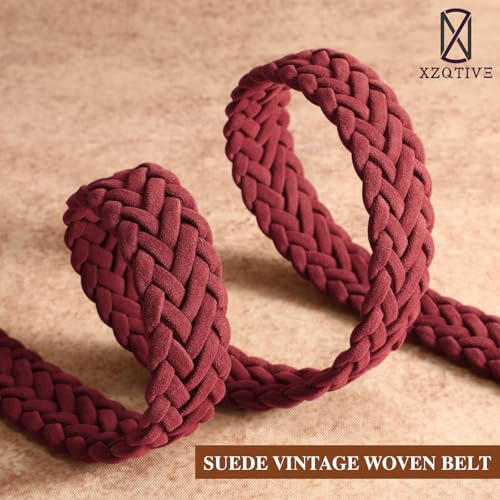 XZQTIVE Women’s Braided Suede Belt – Adjustable Woven Waist Belt with Gold Buckle for Dresses, Jeans & Casual Outfits - color: Burgundy, size: X-Large: fits waist from 41"-45"