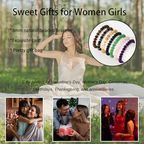 Gnamy Healing Crystal Bracelet for Women, Natural Stone Beaded Healing Crystal Bracelet Triple Protection Stress Relief Beads Jewelry Birthday Gifts Jewelry for Her - style: Tiger Eye