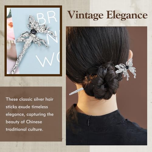 Lawie 10 Pack Silver Metal Hair Sticks Chopsticks Hair Pins Chinese Asian Hanfu Decorative Long Retro Hair Clips Snakes Swords Butterfly Jade Stone Vintage Hair Accessories for Women Girls