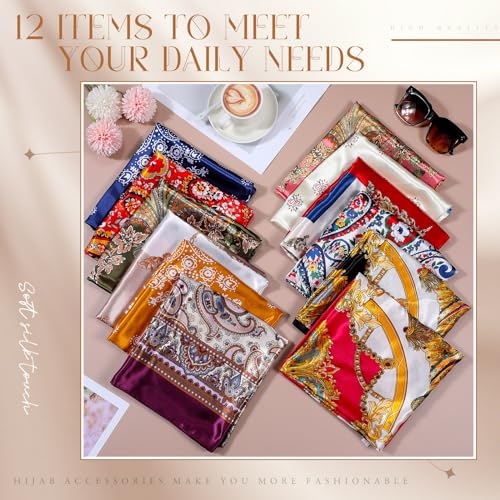 Hicarer 12 Pcs 35 Inch Satin Head Scarf Square Silk Like Neck Scarf Large Hair Scarf Silk Lightweight Hair Wrapping for Women - color: Classic Style