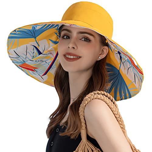HUAMULAN Women Summer Sun Hat Wide Brim Wired Edge Floral Beach Bucket Hats Reversible Foldable Travel UV Protection Lady Hat - color: Bg8240-yellow