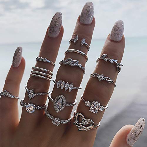 15 Piece Vintage Rhinestone Knuckle Ring Sets.Silver Leaf Pattern Crystal Stackable Ring Joint Nail Ring Midi Finger Ring for Women (Silver)