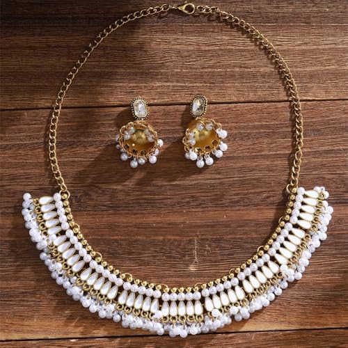Bohemian Jhumka Earring Necklace Set for Women Bride Wedding Bollywood Crystal Pearl Beaded Antique Gold-Tone Indian Bell Jhumki Dangle Earrings Choker Necklace Ethnic Festive Party Wear Jewelry - color: White