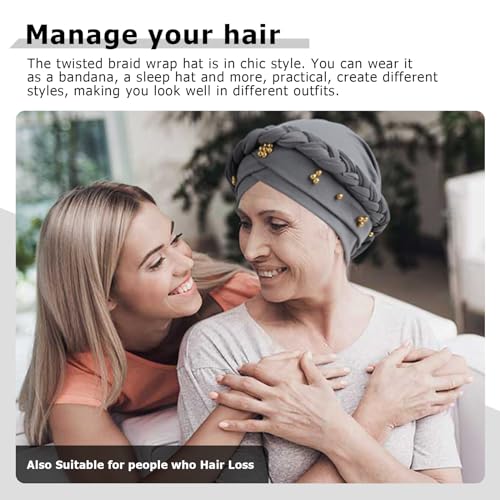 African Women Turban Caps Pre-Tied Twisted Turbans Head Scarf for Women Hair Wraps Cover Beanie Cancer Chemo Headwear - color: 1 Pack Twisted Braid A: Gold Bead Grey