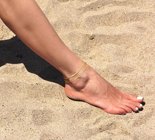 Freekiss Sterling Silver Ankle Bracelets for Women: Dainty Layered Waterproof Anklet for Women Adjustable Womens Anklet Set Stackable Figaro Beaded Cuban Link Anklets Beach Jewelry for Women - color: 2 Layered Anklet Paperclip-GD