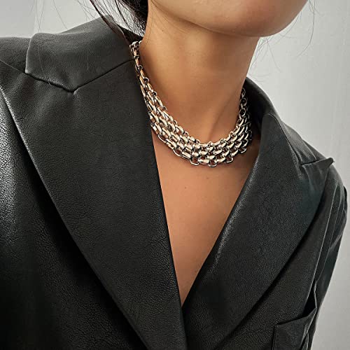 Layered Chain Necklace, Gold Tone Metal, Chunky Link Statement Choker, Punk Style Collar Necklace with Adjustable Clasp - color: silvery