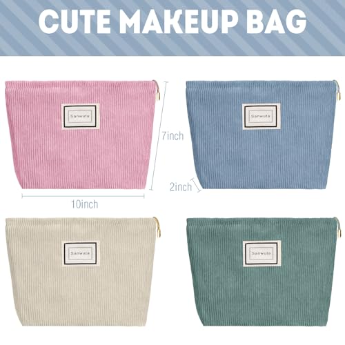 Sanwuta 4 Pack Velvet Makeup Bag Cosmetic Bag for Women Large Capacity Corduroy Pouch Zipper Canvas Travel Toiletry Purse Make up Organizer Case Accessories (Light Color,Plaid) - color: Light Color