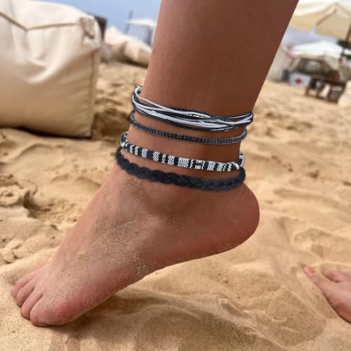 Beach Summer Ankle Bracelet for Women Handmade Braided Adjustable String Anklets Waterproof Surfer Bracelet - color: Black