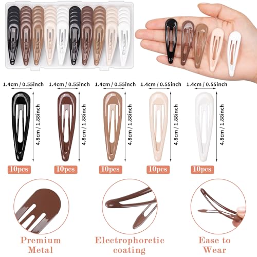 Gingbiss 50Pcs Snap Hair Clips for Women, 1.88 Inch Silicone Coating Classic Metal Hair Barrettes with Storage Case for Women Girls, No Slip Hair Accessories for Hair, 5 Assorted Colors