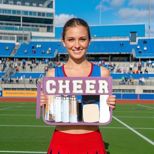 BuyCard Cheer Chenille Letter Bags Clear Makeup Bag, Cheerleader Gift Cosmetic Bag, Varsity Preppy Patch Flat Pouch Cheer Accessories, Waterproof PVC Organizer Toiletry Bag for Women Girls Purple - color: Purple-Cheer