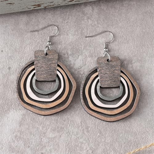 Wooden Geometry Circle Earrings for Women Bohemian Vintage Lightweight Wood Dangle Earrings Handmade Multilayer Earrings