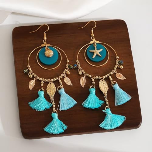 Ocean Starfish Shell Tassel Dangle Earrings for Women, Bohemian Blue Green Beach Sea Inspired Statement Dangle Boho Tropical Summer Vacation Jewelry Gift